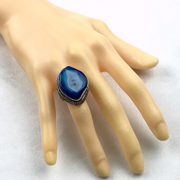 New Blue Solar Quartz Crystal Stone Silver Overlay Ring Size 7 - Picture 7 of 12